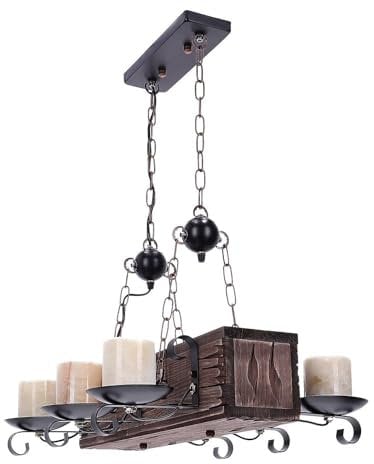 TIBU Hängelampe Holz Vintage Esstisch Pendelleuchte E14 höhenverstellbar Balken 6 flammig