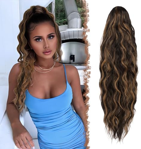 FESHFEN Lange Zopf Pferdeschwanz Haarextension mit kordelzug Wellig Lockig Schwarz Braun und Blond Synthetik Haarverlängerung Natürliches Clip in Haarteil Kunsthaar Ponytail für Damen 65cm