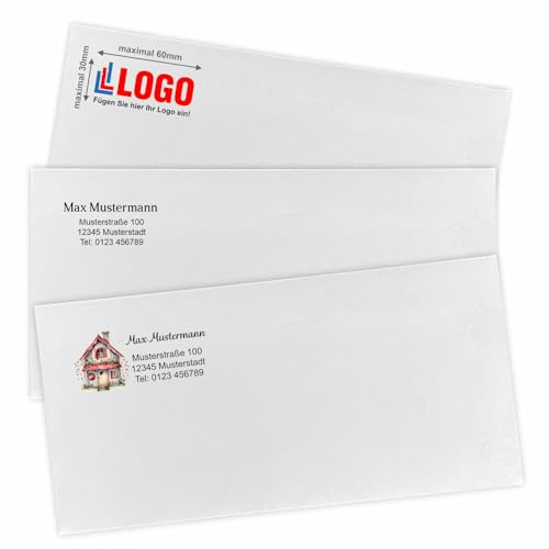 Bedruckte Briefumschläge Personalisierung mit Logo, Design Absenderadresse DIN lang ohne Fenster selbstklebend 75g 22x11 cm weiß (MOTIV, 50 Stück)