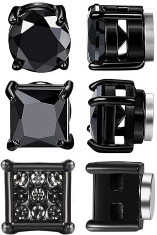 Flongo Magnet Ohrringe Herren Edelstahl: Damen Magnetohrringe schwarz magnetische Ohrstecker zum Abnehmen 3 Paar Set für Männer Frauen 6mm quadratische Zirkonia Strass Ohr Clip ohne Loch rund eckig