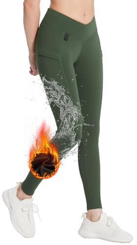 baleaf Damen Thermo Leggings mit Taschen Jeggings Wanderhose Thermohose Winter Wanderleggings Hohe Taille Wasserabweisend Leggings Dunkelarmeegrün XL