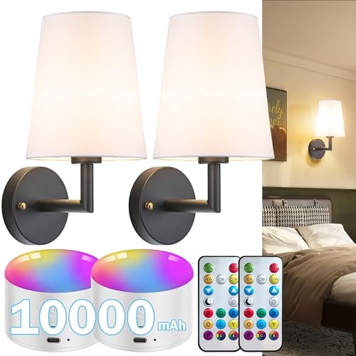 Battery Operated Wall Sconce Set Of 2, 10000mAh Rechargeable Wall Light With Remote, 50 Hours Long Battery Life, RGB Color-Changing Dimmable Wireless Wall Light For for Bedroom Living Room (Black)