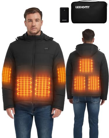 LUXHOMY Beheizbare Jacke mit 7.4V 16000mAh Akku, Beheizte Jacke für Herren Damen, 7 Heizzonen Heizjacke mit Powerbank, Wärmejacke mit Abnehmbarer Kapuze