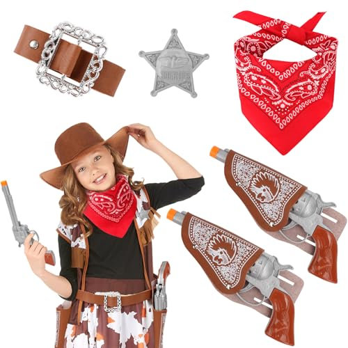 HIFOT 7 Pièces Pistolet Cowboy Costume Accessoires Deguisement Enfant Homme Holster Western Ceinture Bandana Badges Jouet Halloween Femme Carnaval Cosplay