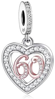 MARJS 60th 60 Sixty Birthday Anniversary Rose Gold Love Heart Charm Bead Pendant 925 Sterling Silver Dangle Compatible With Pandora Charm Bracelet