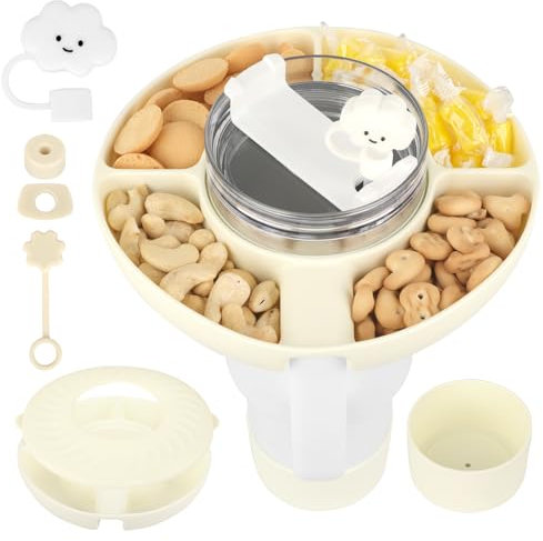 YSWOVUO Snack Bowl with Lid for Stanley Cup 40 oz, Silicone Snack Plate with 5 Pieces Stanley Cup Accessories, Stanley Cup Plate with 4 Compartments, Snack Tray for Cinema Camping Car Nuts Candy,