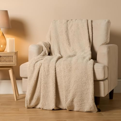 Brentfords Natural Teddy Throw Sofa Fleece, Warm Cosy Blanket Bed Thick Ultra Comfy Blanket for Sofa Super Soft Bed Throw Fleece Blanket - Natural, 150 x 200cm