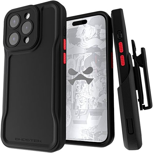 Ghostek Iron Guard iPhone 15 Pro Case with Belt Clip Holster and Built-in Kickstand, Supports Wireless Charging, Shockproof Cover Designed for Apple iPhone 15 Pro (6.1-Inch, Black)
