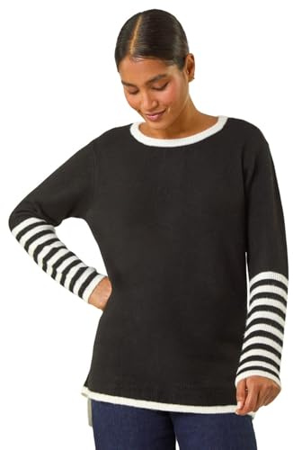 Roman Originals Contrast Stripe Detail Knit Jumper for Women UK - Ladies Everyday Autumn Winter Round Neckline Comfy Soft Evening Vacation Work Party Night Out - Black - Size 12