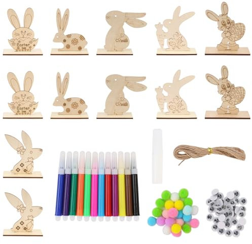 IETWATE 12 Stück Osterdeko Hase Holz, Oster Deko Hase Aufsteller, DIY Osterhase Deko zum Hinstellen, Osterhasen Deko Holz mit Zubehör, für Tisch Wohnzimmer Schlafzimmer Garten