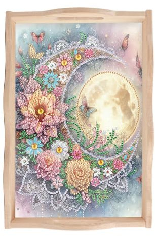 SHEGZHUC Diamond Painting Tablett Serviertablett mit Griffen Mond Blumen 20x30cm Diamant Painting Servierplatte Holztablett Rechteckig Dekotablett Küchentablett Frühstückstablett fürs Bett