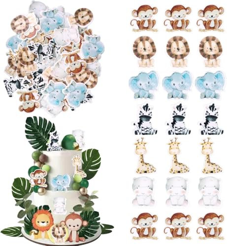 60 Stück Essbare Woodland Party Tortendeko Dschungel Löwe Kuchen Deko Affe Elefant Cupcake Toppers für Wald Tier Thema Baby Dusche Kinder Geburtstag Party Kuchen Dekorationen