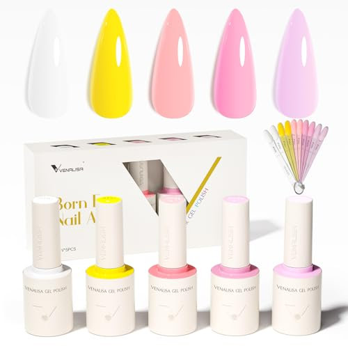 VENALISA Gel Nail Polish Set 5 Colours White Lemon Yellow Peach Pink Colors with a DIY Nail Tips & Colored Labels Collection Soak Off UV Gel Classic Nail Art Manicure for Holidays 2507