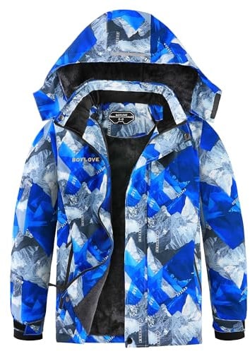 Jungen Skijacken Wasserdichter Wintermantel Fleece Winddichte Snowboardjacke mit abnehmbarer Kapuze, Blau (Glacier Blue), 10-12