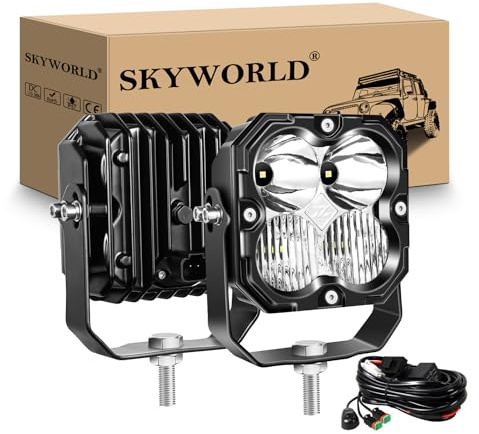 SKYWORLD 2 x Led Scheinwerfer mit 12V DT kabelbaum kit, 4.3 Zoll 30W 2500LM | 12V 24V Zusatzscheinwerfer Offroad Beleuchtung Spot Flut Arbeit Licht bar für 4x4 Offroad Auto SUV ATV UTV, 6000K Weiß