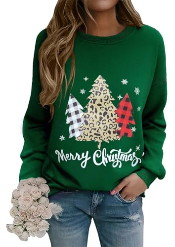 Lonya Sweat Femme Pull de Noël Drole Imprimé Père Noël Renne Bonhomme de Neige et Sapin de Noël Modèle Chic et Confortable