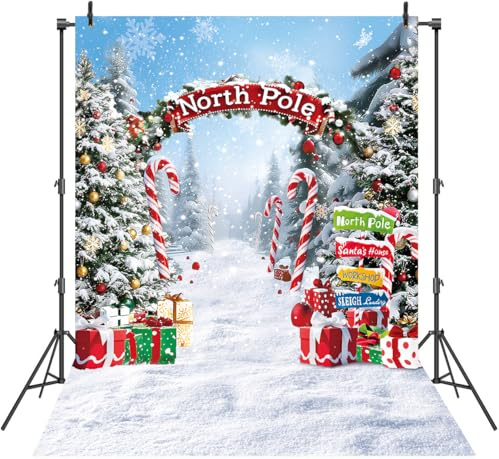 Christmas Backdrop 5x7FT North Pole Snowy Winter Forest Photography Background for Winter Holiday Xmas Family Party Decorations New Year Banner (5x7FT（150x210cm）)