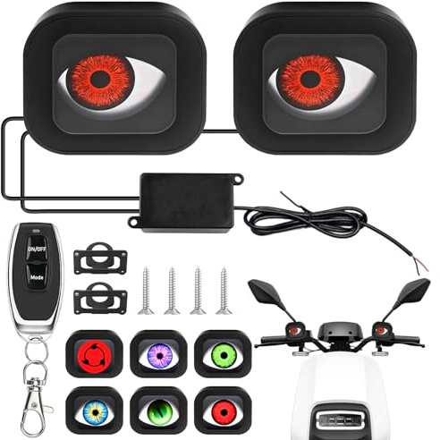 Leikurvo Teufelsaugen Licht, Dynamische LED Augen Lichtschalter Devil Eyes Light mit Fernbedienung, 6 Augenmuster Einstellbare Dekoleuchten für Motorrad Elektrofahrzeuge DIY Dekor, 12-36V