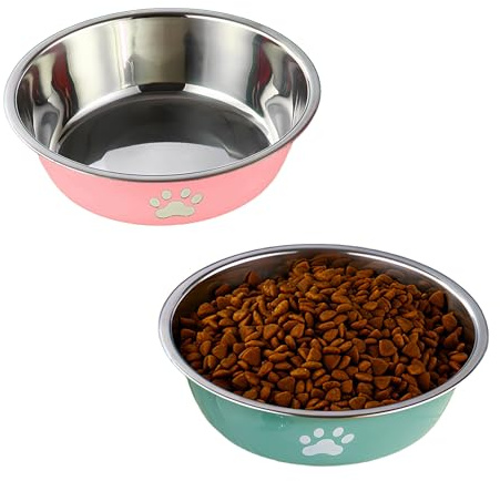 2 Pack Small Dog Bowls, 450ml Stainless Steel Dog Bowl with Non-slip Base, Durable Metal Dog Bowls for Small Pets and Cats, Lake Green & Pink
