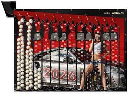 Cashwall Jackpot-Effekt Spardose | Jahres-Wandspardose | 365€ Sparchallenge | Kalender 2026, spardose nicht zum öffnen, zum aufhängen, 1 Euro geld sparen challenge, groß spardose für erwachsene & kinder