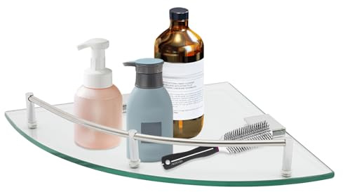 TTISJHK Dreieckiges Glasregal fürs Bad, Wandregal aus gehärtetem 6 mm Glas mit Edelstahl-Geländer & Halterungen, Wandmontage Eckregal 23,5 × 4 cm, für Shampoo, Seife & Kosmetik