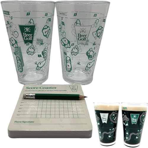 Hadghdf 9-Loch-Golfplatz auf Biergläsern: Lustiges Spielset mit zwei 0,5-Liter-Biergläsern, Scorekarten-Untersetzern und Bleistift. (1Set(2pcs+card))