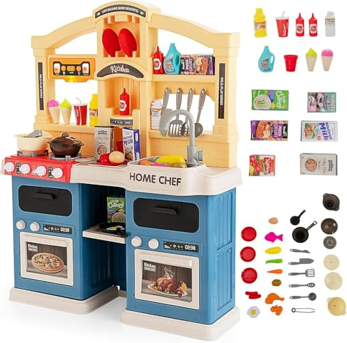 DREAMADE Kinderküche mit 42 TLG. Zubehör, Kinderspielküche mit Licht und Sound, Dampf, Wasser, Spüle, Wasserhahn, Herd, Backofen, Spielzeugküche, Spielküche für Kinder ab 3 Jahren (Blau)