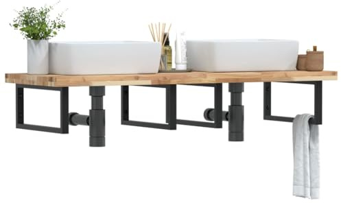 Frdhee Mobili da bagno, mensola lavabo a parete in acciaio e legno di acacia per bagno, soggiorno, sala da pranzo, cucina