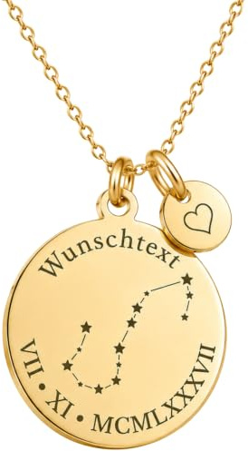 BS Schmuckdesign Personalisierte Kette Damen mit Gravur – Sternbild Kette mit Name & Datum in römischen Zahlen, Wunschgravur hinten, persönliches Geschenk für Frauen
