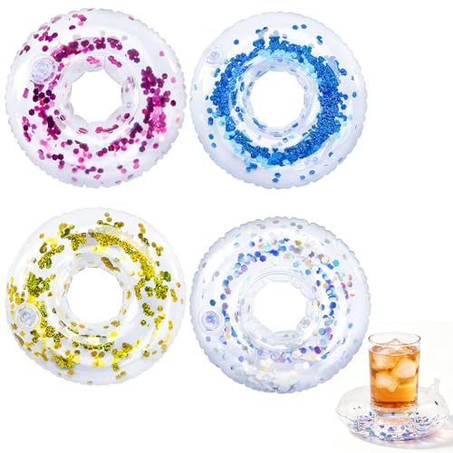 4 Stück Getränkehalter Pool Aufblasbar, Schwimmender Getränkehalter, Aufblasbar Cocktailhalter Transparent Mit Pailletten, Dosenhalter Pool Für Poolparty, Strandparty, Hawaii Party