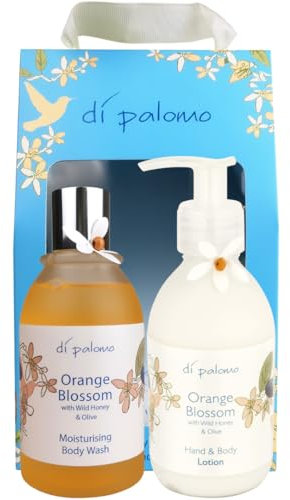 Di Palomo Orange Blossom & Honey Bath & Body Collection. Body Wash & Body Lotion. Moisturising Skin Care Gift Set. Relaxing Gifts for Her. Pamper Gifts for Women. Luxury Gift Sets for Women.