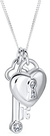 Bling Jewelry Love Lock And Key Heart CZ Accent Charm Pendant Necklace For Women For Girlfriend .925 Sterling Silver