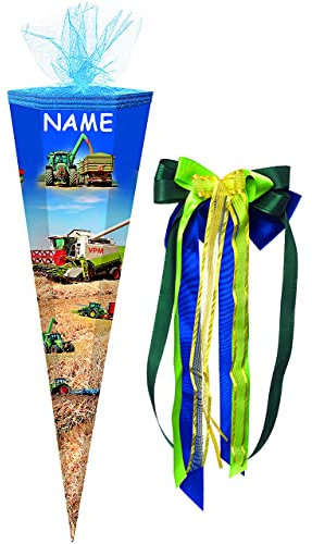 alles-meine.de GmbH Schultüte - Traktor/Landmaschinen - 85 cm - 6-eckig - incl. Namen und große Schleife - Tüllabschluß - Zuckertüte - mit/ohne Kunststoff Spitze - für Ju..