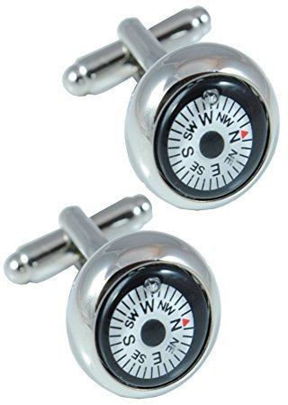 COLLAR AND CUFFS LONDON Manschettenknöpfe Herren Silber Farbe - Mit Box - Kompass - Weißes Zifferblatt - Funktionierend - Langlebiges Messing - Runde - EIN Paar