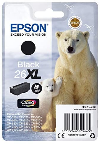 Epson Original 26XL Tinte Eisbär (XP-600, XP-700, XP-800, XP-510, XP-710, XP-615, XP-610, XP-810, XP-720, XP-820, XP-520, XP-620, XP-625), schwarz