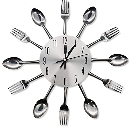 WALPLUS 3D Spoon and Fork Modern Creative Wall Clock Attention Getting Special Décor for Kitchen Decoration Living Room Style Gift Idea Silver Cutlery 32cm(13) Clock