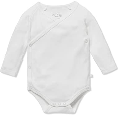 MORI Baby Long Sleeve Kimono Bodysuit in White for Boys and Girls - Viscose from Bamboo - Unisex Wrap Romper with Nickel Free Poppers - Newborn