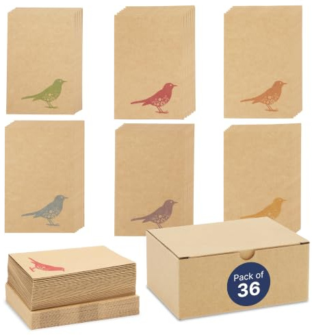 Best Paper Greetings 36 Pack All Occasion Kraft Bird Design Greeting Cards, 6 Unique Fashionable Rainbow Style Designs, 10.2 x 15.2 cm, Envelopes Included