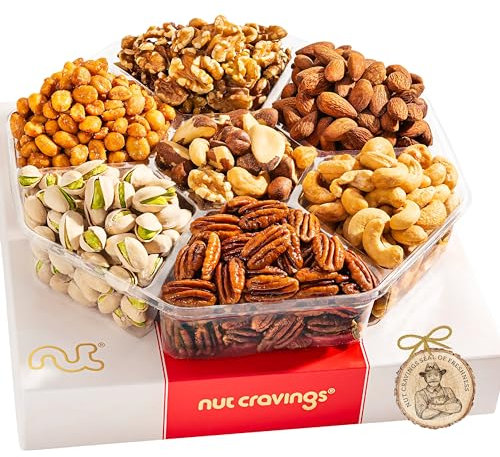 Nut Cravings Gourmet Collection - Cesta de regalo de frutos secos mixtos en caja de oro rojo (7 variedades, 2 libras), plato de agradecimiento para profesores, paquete de cuidado de cumpleaños - Koshe