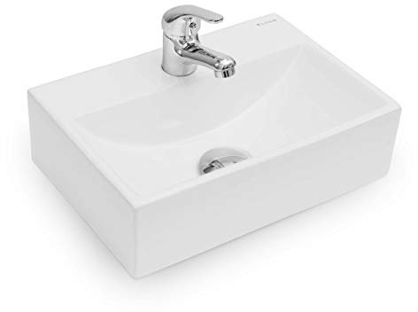 VILSTEIN Waschbecken für Gäste WC, Hänge- oder Aufsatzwaschbecken, Keramik, eckig, klein, 36,5cm x 25,5cm x 10,5cm, weiß