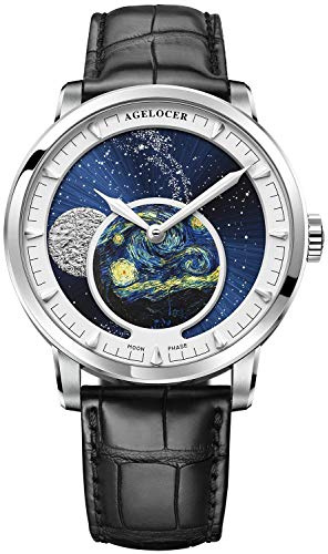 Agelocer Herren-Armbanduhr, echtes Diamant-Zifferblatt, blaue Mondphase, automatisch, mechanisch, Edelstahl, wasserdicht, Vu:6401a1, Mechanisch