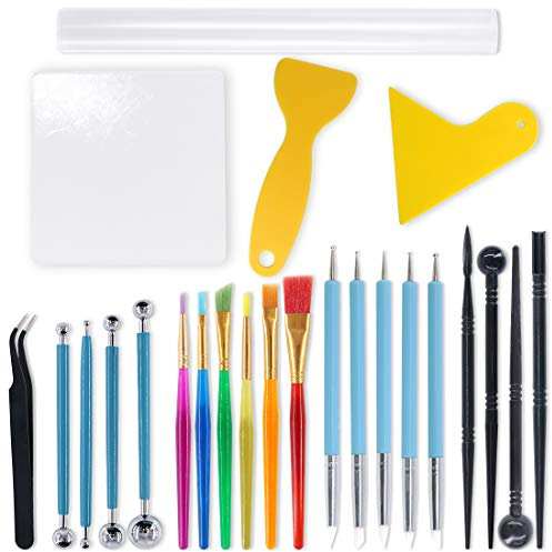 Swpeet 24-teiliges Modelliermasse-Werkzeug-Set, Malpinsel, Doppelend-Design, Keramikwerkzeuge, Kugelstift-Werkzeug, Kunststoffkugel-Stange, Tonroller, Ton-Schärfer zum Modellieren von Ton