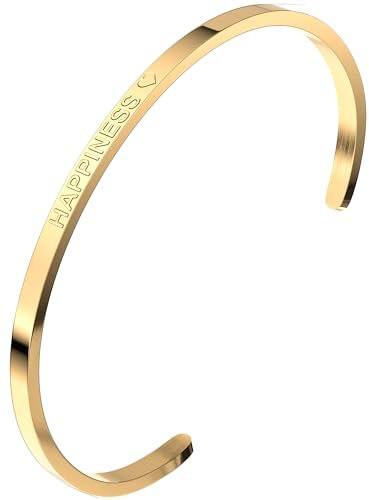 THIORA Armreif Damen | Premium Edelstahl Armband | Gravuren, Sprüche & Symbole | Flexible Größe | Geschenk für Frauen (Happiness - Gold)