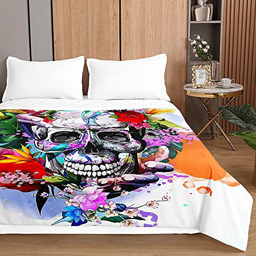 Oduo Tagesdecke Steppdecke Bettüberwurf Bettdecke Stepp Decke Sofaüberwurf Doppelbett Unterfüttert und Gesteppt Waschbare Klimaanlage Wohndecke Reisedecke (Totenkopf Druck,220x240cm)