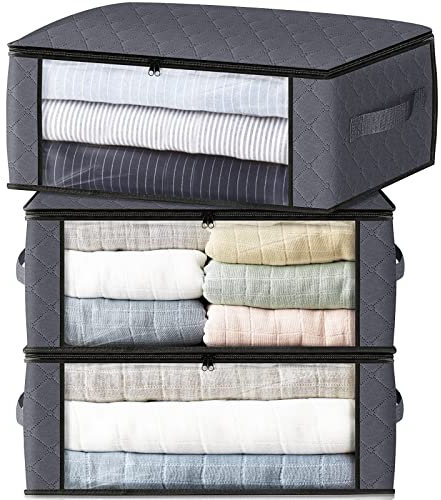 HomeHacks Storage 3-Pack Clothes Organizer Storage Bags Foldable Storage Box with Large Clear Window Sturdy Handles for Closet, Dorm, Pillows, Bedding, Clothes, Stuffed Toys, Blankets, Grey