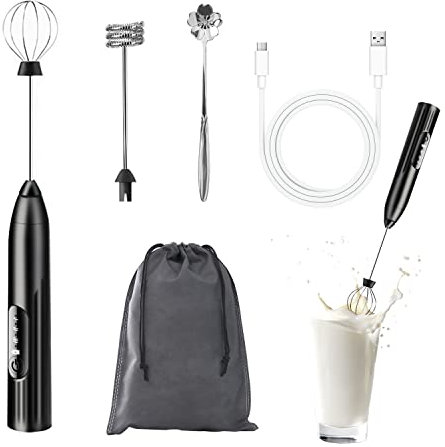 Espumador de leche eléctrico de mano, recargable por USB, mini licuadora portátil de bebidas, 3 niveles ajustables para capuchino, café con leche, chocolate caliente con leche