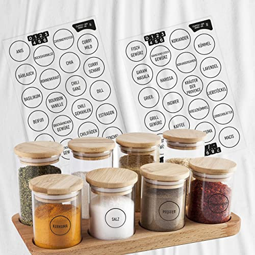colortouch Gewürzetiketten Selbstklebend - Aufkleber - 80 Stück Rund Vorratsetiketten (Deutsch) - Gewürzdosen Etiketten - Gewürz Sticker - Wasserdicht Küchenetiketten - Transparent Schwarz