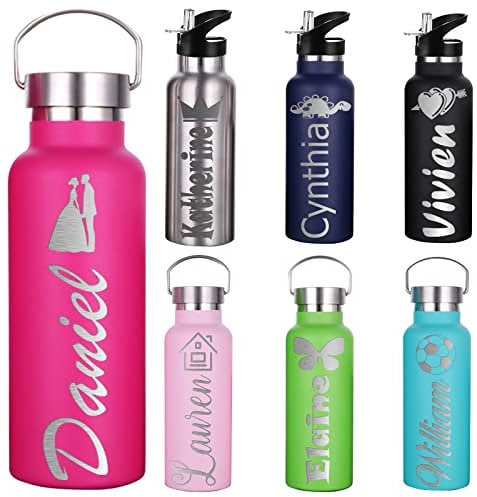 Personalisierte Wasserflasche mit Strohhalm-Deckel für die Schule, individuelle Gravur, isolierte Edelstahl-Sport-Wasserflasche mit Namen für Mädchen, Jungen, Frauen, Männer (350 ml, 750 ml, 7 Farben)