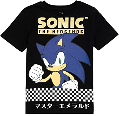 Sonic The Hedgehog Kids T-Shirt in Black | Racing Checkered Flag Retro Gaming Graphic Tee | Gold Foil Logo Top for Boys & Teen Gamers | Classic Game Movie Merchandise Gift for Him