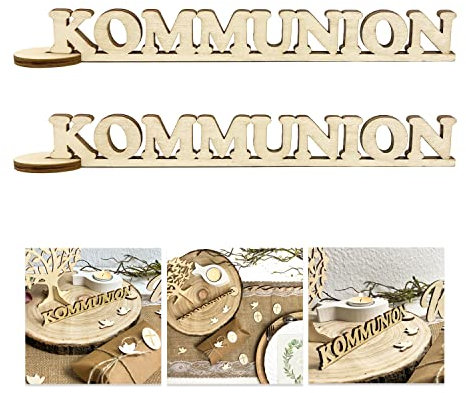 Oblique Unique 2er Set Schriftzug Kommunion aus Holz als Tischdeko für Kommunion Deko Junge Mädchen Verzierung Dekoration (Natur)